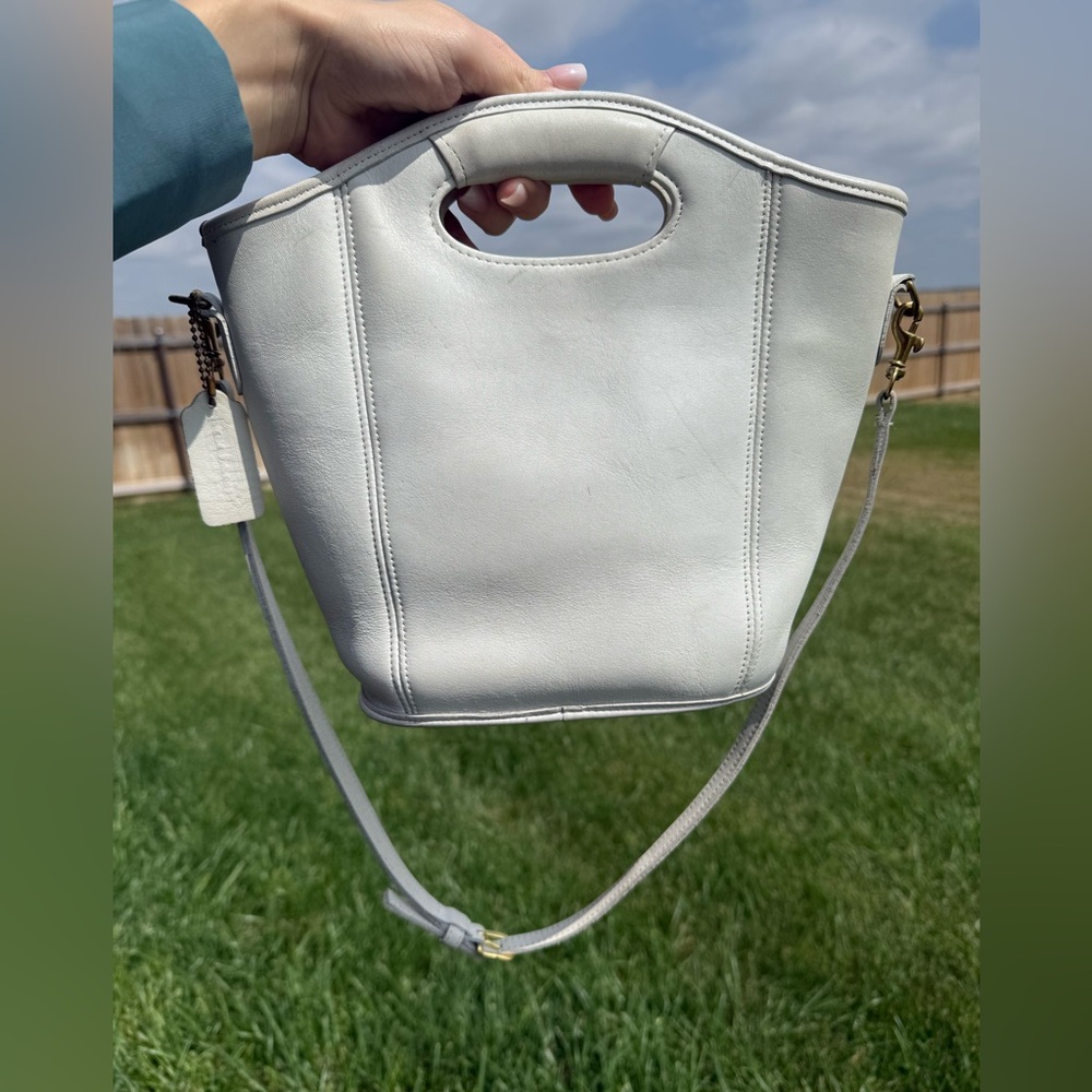 White Leather Bucket Tote with Detachable Strap
